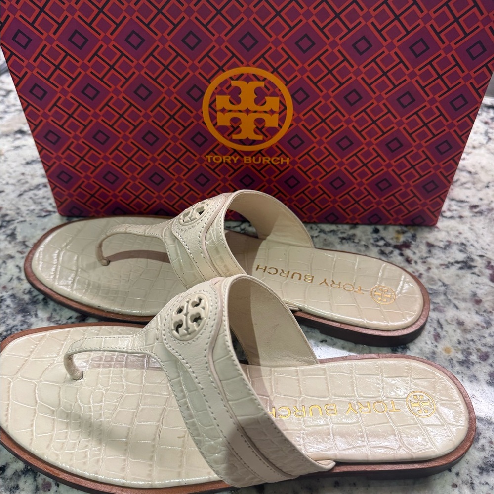 Tory Burch Ivory Croc-Embossed Sandals